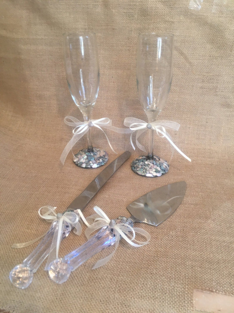 Beach Wedding Set Abalone Shell Encrusted Toasting Champagne Flutes or Wine Glasses Cake Serving Set with Crystal Acrylic Handles