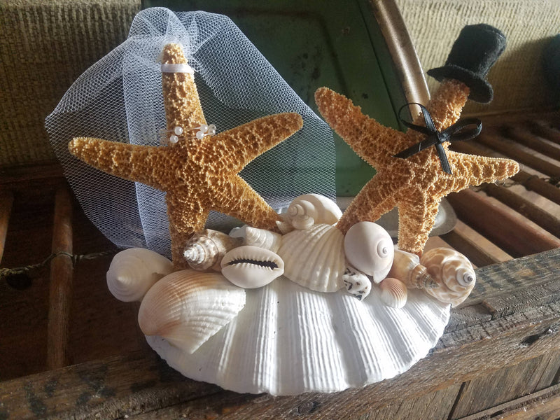 Beach Wedding Cake Topper Decoration Tan Starfish Bride Groom Alternative Real Scallop Shell Pearl Necklace Top Hat Veil Bow Tie Mock Funny