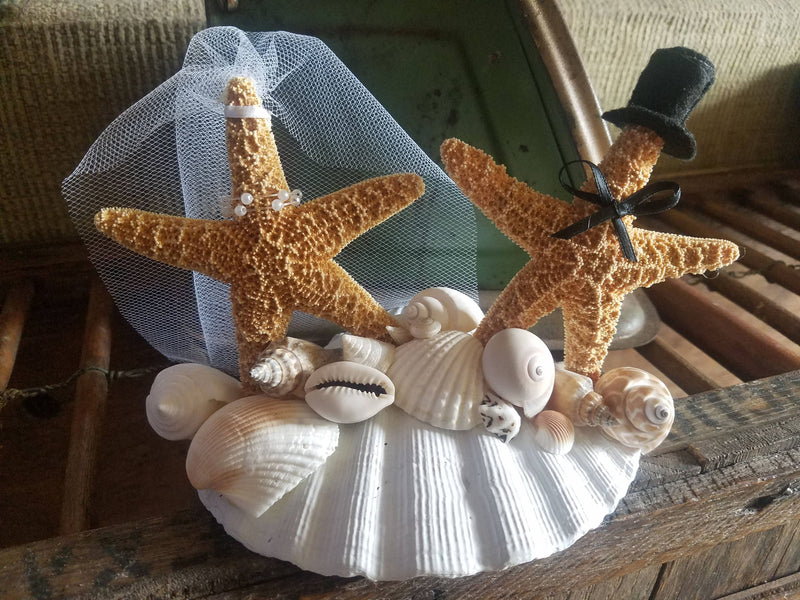 Beach Wedding Cake Topper Decoration Tan Starfish Bride Groom Alternative Real Scallop Shell Pearl Necklace Top Hat Veil Bow Tie Mock Funny