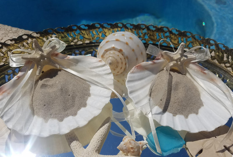 Budget Friendly Beach Wedding Accessories Ring Bearer Pillow Alternative White Scallop Clam Shell Knobby Starfish Choice Ribbon Color w/Sand