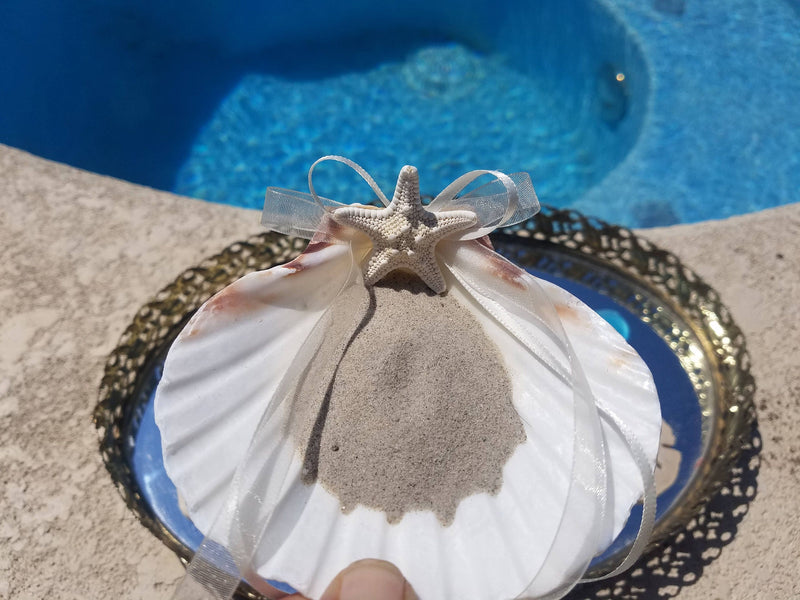 Budget Friendly Beach Wedding Accessories Ring Bearer Pillow Alternative White Scallop Clam Shell Knobby Starfish Choice Ribbon Color w/Sand