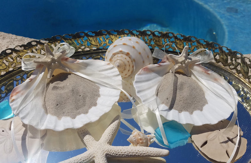 Budget Friendly Beach Wedding Accessories Ring Bearer Pillow Alternative White Scallop Clam Shell Knobby Starfish Choice Ribbon Color w/Sand