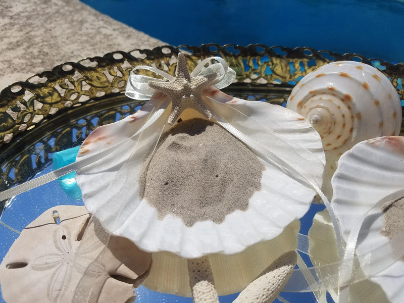 Budget Friendly Beach Wedding Accessories Ring Bearer Pillow Alternative White Scallop Clam Shell Knobby Starfish Choice Ribbon Color w/Sand