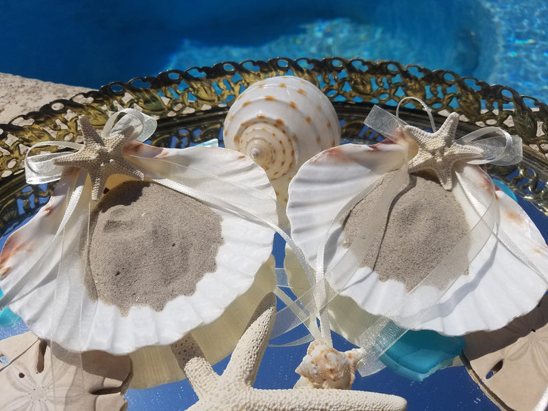 Budget Friendly Beach Wedding Accessories Ring Bearer Pillow Alternative White Scallop Clam Shell Knobby Starfish Choice Ribbon Color w/Sand