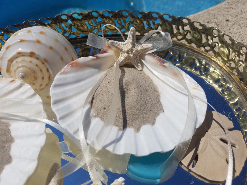 Budget Friendly Beach Wedding Accessories Ring Bearer Pillow Alternative White Scallop Clam Shell Knobby Starfish Choice Ribbon Color w/Sand