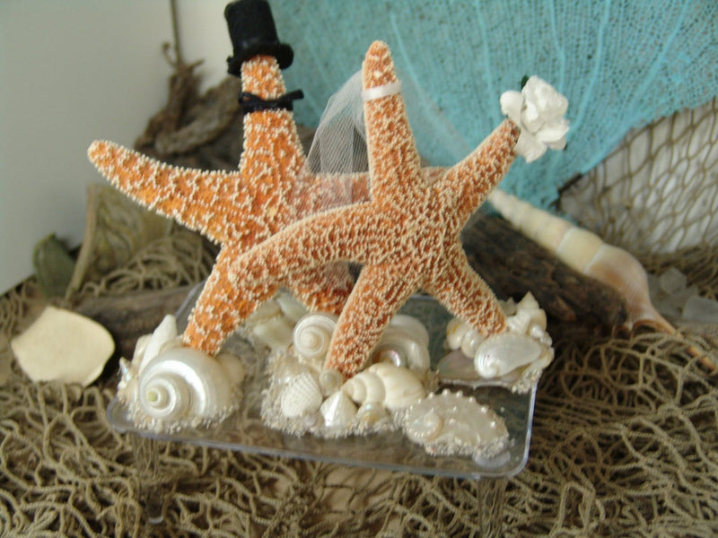 Coastal Beach Wedding Cake Topper Alternative Decoration Seashells Bride and Groom Starfish People Groom Top Hat Bow Tie Veil Bouquet Stand
