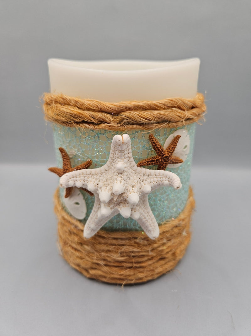 Indoor/Outdoor LED Candle with Real Starfish & Sand Dollars – Ivory, 3.5" x 5", IPX4 Certified - Accent DecorLoving Coastal Living