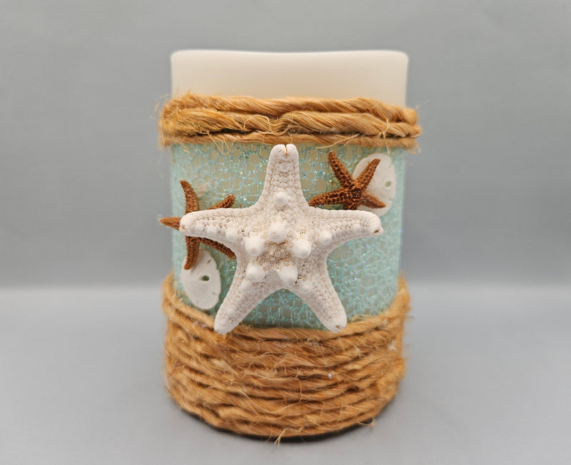 Indoor/Outdoor LED Candle with Real Starfish & Sand Dollars – Ivory, 3.5" x 5", IPX4 Certified - Accent DecorLoving Coastal Living