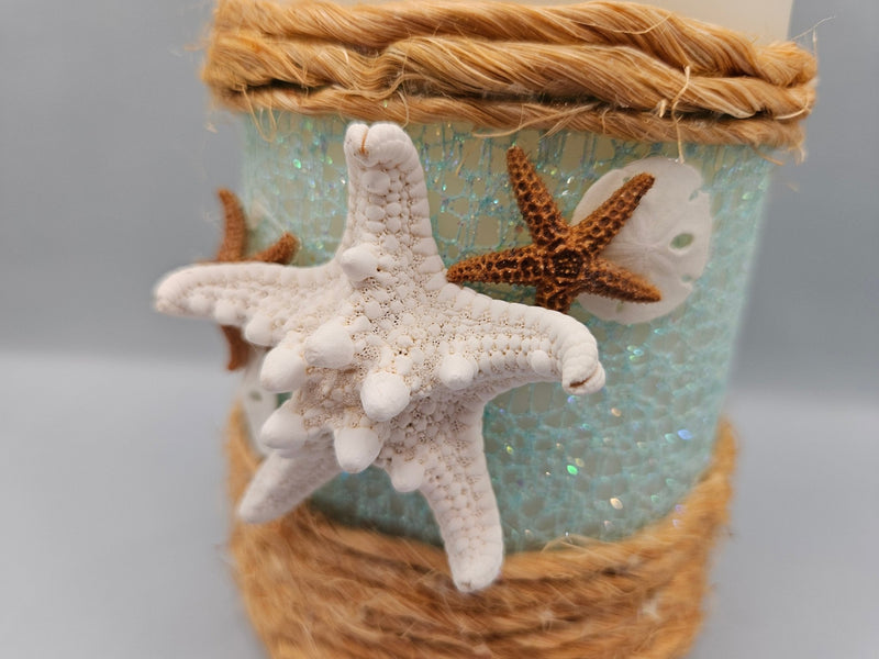 Indoor/Outdoor LED Candle with Real Starfish & Sand Dollars – Ivory, 3.5" x 5", IPX4 Certified - Accent DecorLoving Coastal Living