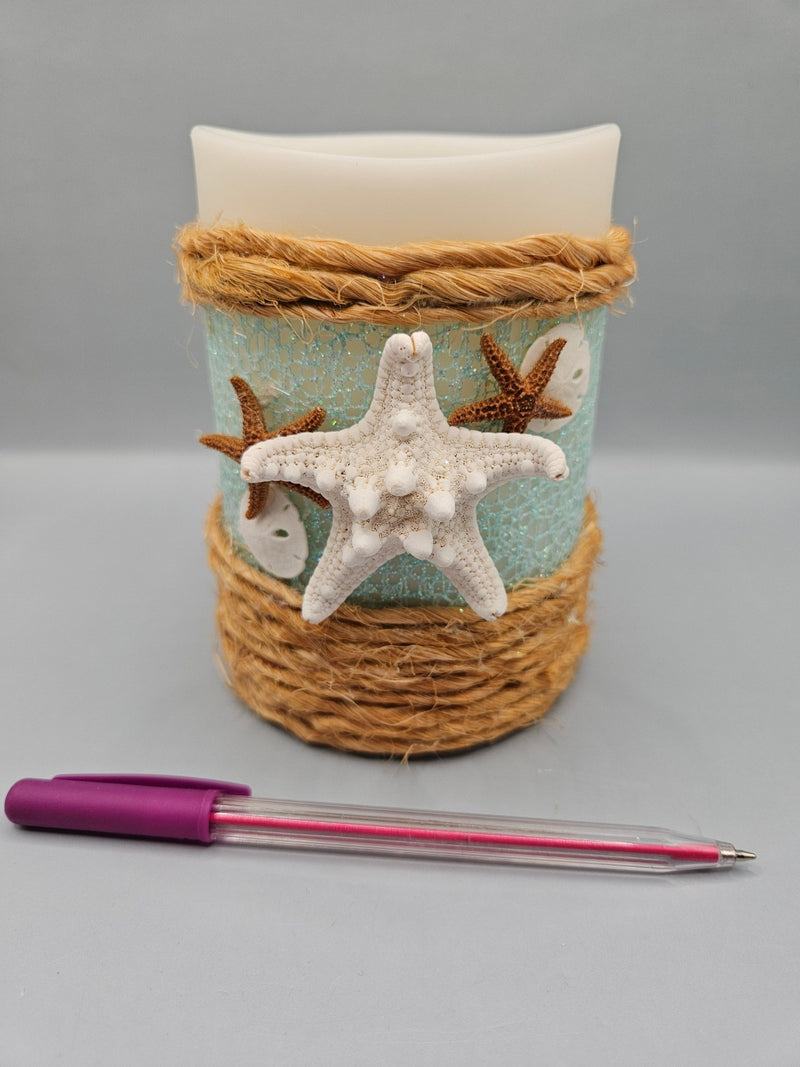 Indoor/Outdoor LED Candle with Real Starfish & Sand Dollars – Ivory, 3.5" x 5", IPX4 Certified - Accent DecorLoving Coastal Living