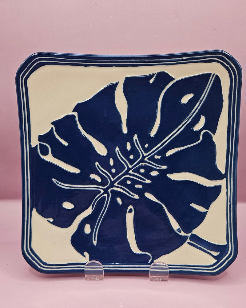 Lee Ceramics Blue & White Monstera Plate - 7.7" Handmade Coastal Art Piece - DinnerwareLoving Coastal Living