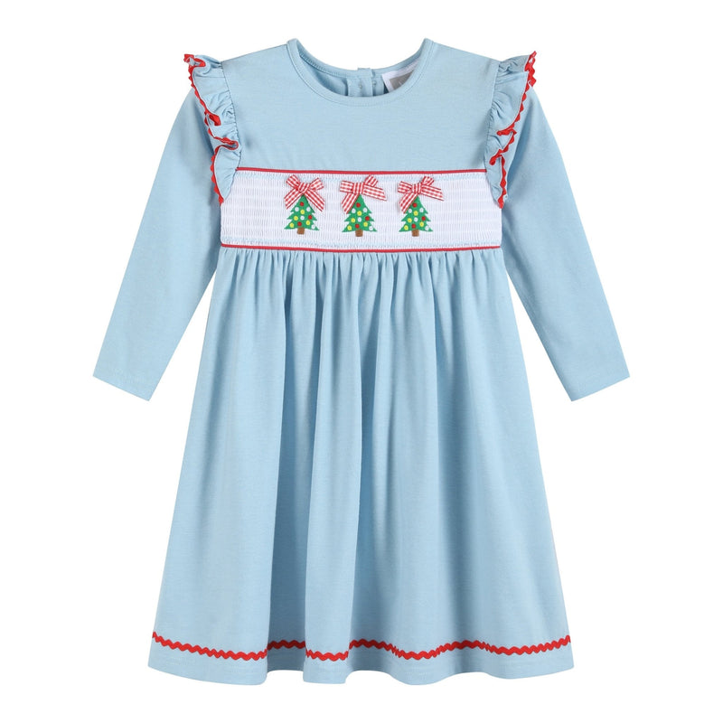 Light Blue Christmas Tree Smocked Knit Dress