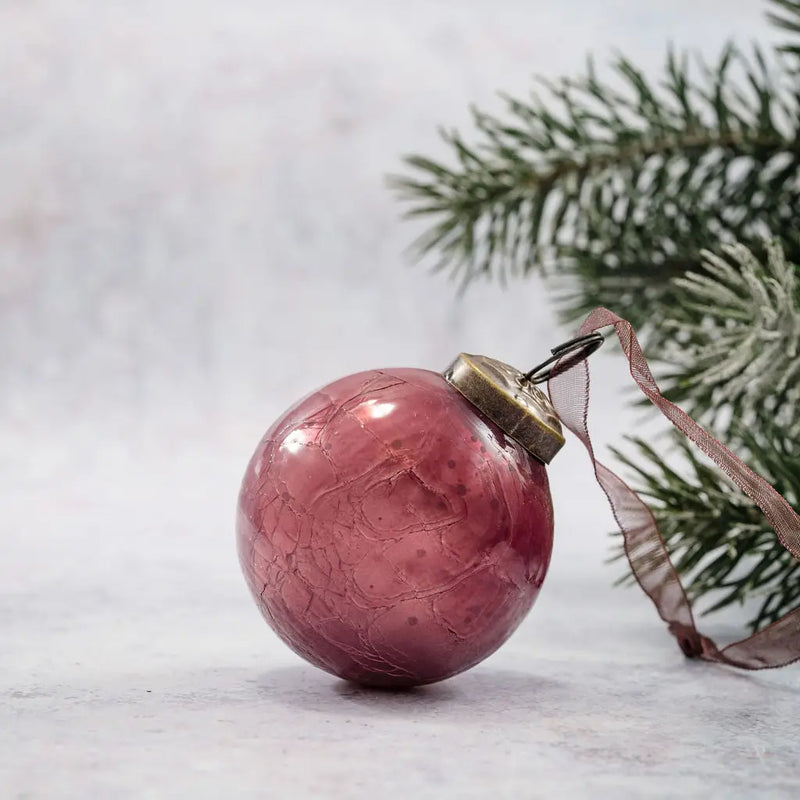 Mauve Crackle Glass Christmas Bauble with Bronze Cap and Ribbon