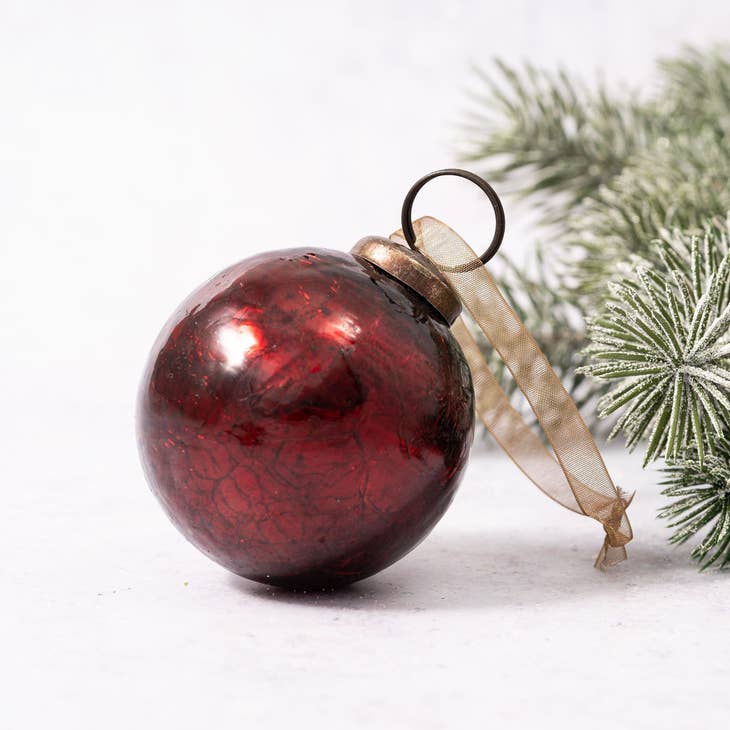 Medium Wine Crackle Glass Christmas Bauble with Bronze Cap and Organza Ribbon