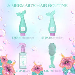 Mermaid-themed hair care product set with steps for a mermaid's hair routine on a colorful background.