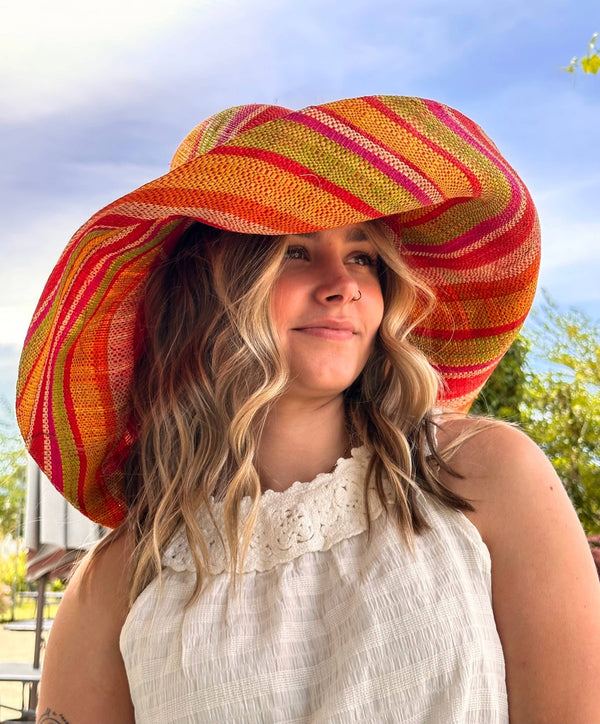 Monica 5" & 7" Wide Brim Stripe Packable Straw Sun Hats - Shebobo