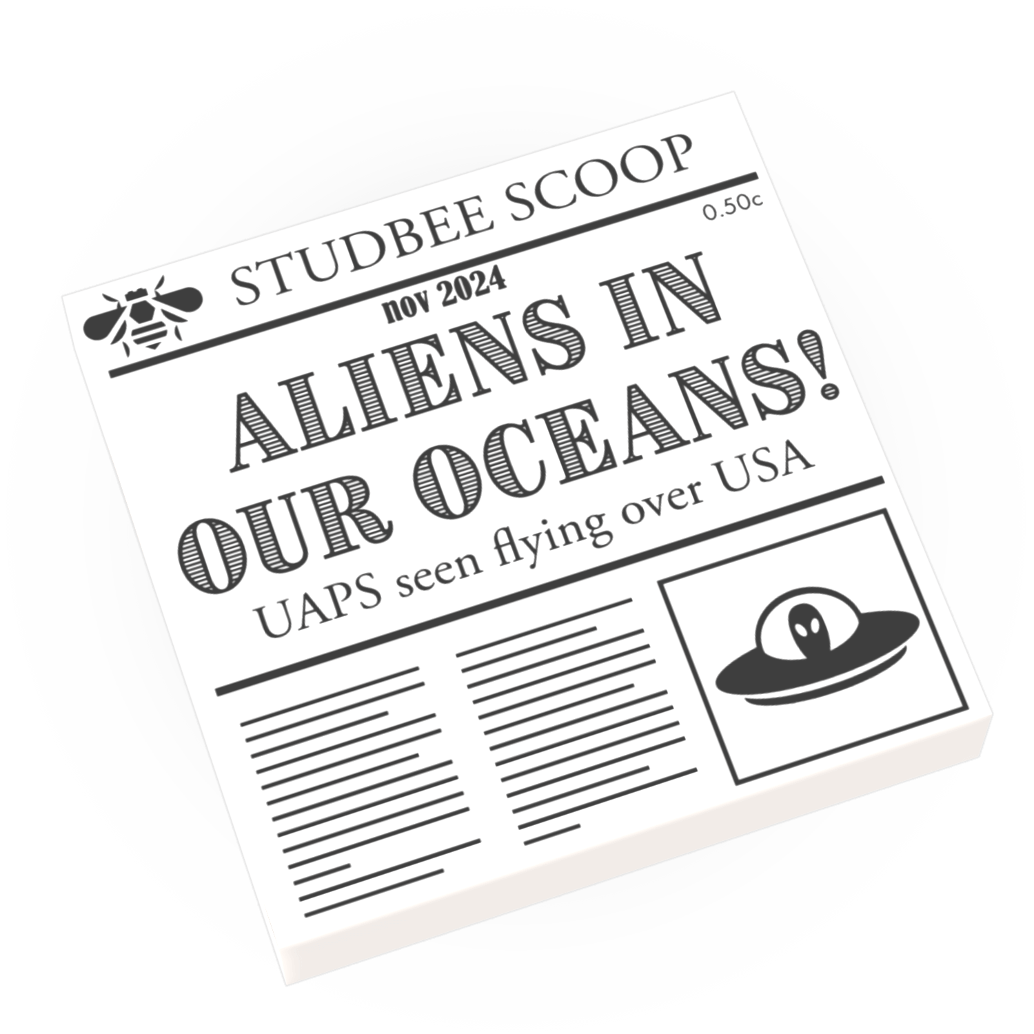 Aliens in our Ocean - Newspaper Headline - Custom Printed Using LEGO® Parts (2 x 2 Tile)