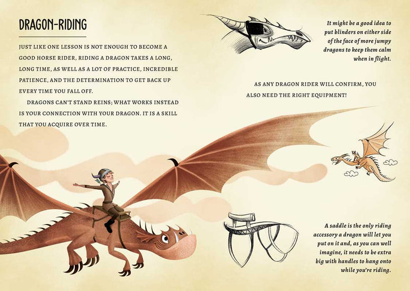 Illustration of a dragon rider with text about dragon-riding skills and equipment.
