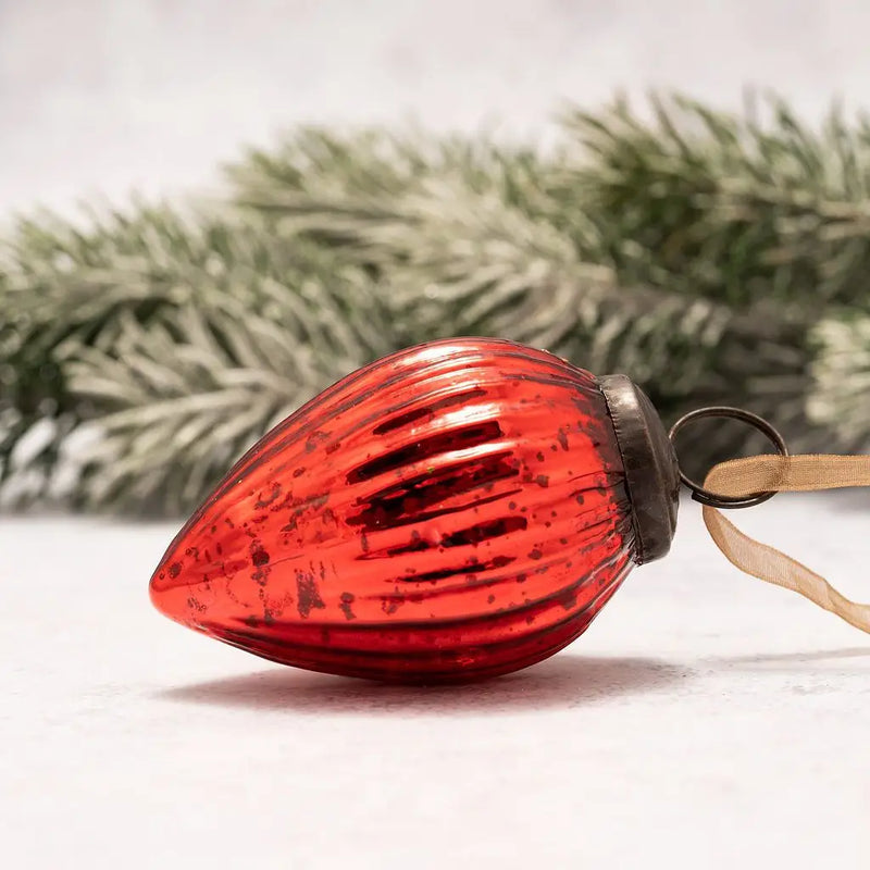  2" Medium Red Ribbed Glass Christmas Pinecone Ornament with Bronze Cap and Ribbon