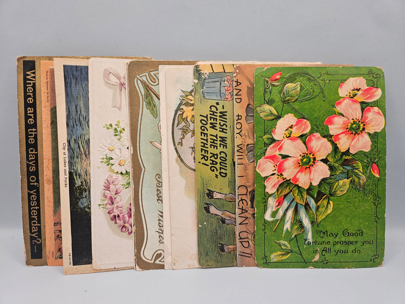 5.5" x 3.5" vintage postcards featuring various old-fashioned designs. Perfect for crafting, scrapbooking, and journaling, these unique paper cards bring nostalgic charm to DIY projects and vintage ephemera collections