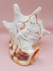 Hand Carved Yellow Helmet Shell with Religious Scene – 7.8 Inches