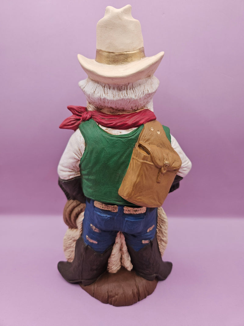 Handmade Western Santa with cowboy hat, toy bag, and lasso, 8.5"x4"