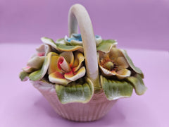 Vintage Capodimonte porcelain flower basket with colorful hand-painted flowers, measuring 4.3 x 3.7 inches, perfect for decorative use or as a gift