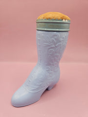 Vintage 1970's Avon Blue Fashion Boot Cologne Bottle With Pin Cushion Topper