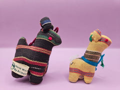 Set of two woven Guatemalan plush animal ornaments, multicolor dark and yellow, handwoven.