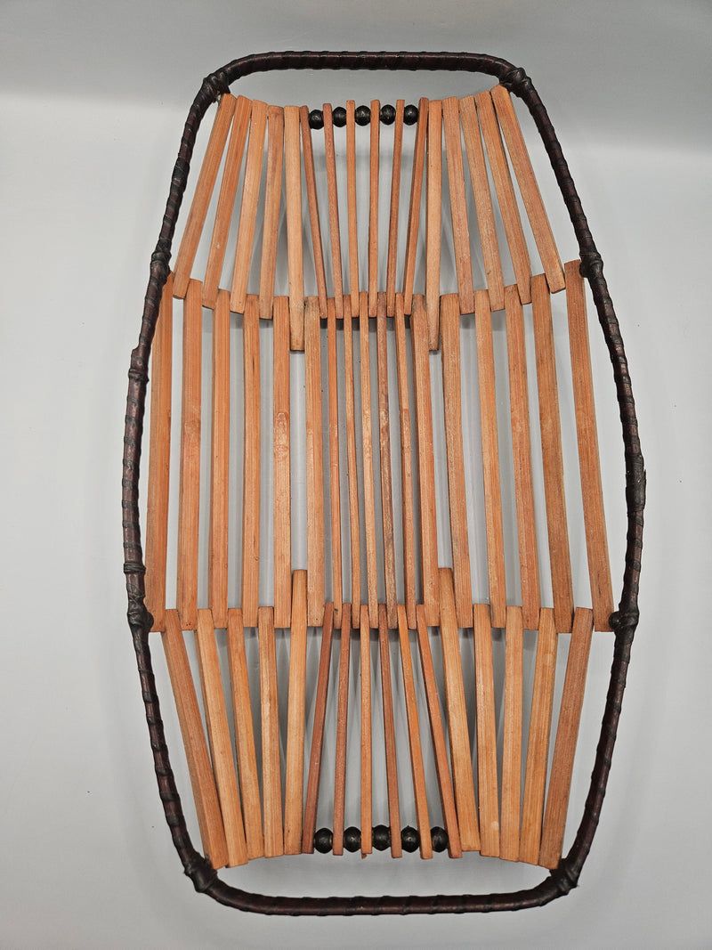 A vintage mid-century 1950s wooden Japanese fruit basket, measuring 12.5"x7.5", featuring intricate handwoven wood detailing, ideal for rustic or retro decor.