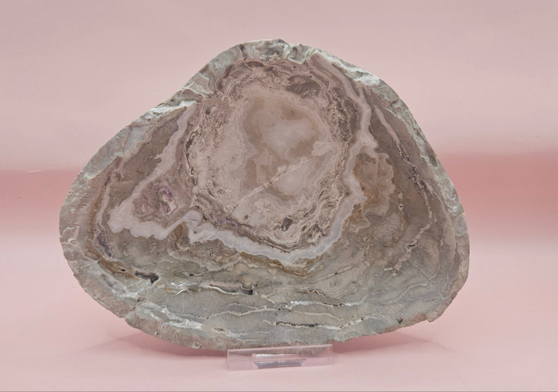 Polished natural onyx shell bowls with layered cream, gray, and brown tones