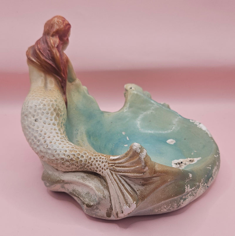 Vintage plaster mermaid dish with aqua finish, Plasto Mfg. Co. Chicago 1950s