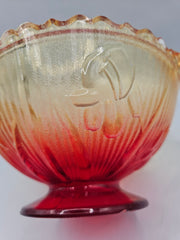 Vintage Jeannette Glass Amberina Iris & Herringbone Scalloped Frosted Bowl, 3.5 inches tall, 6 inches wide, with yellow-to-red gradient and floral pattern