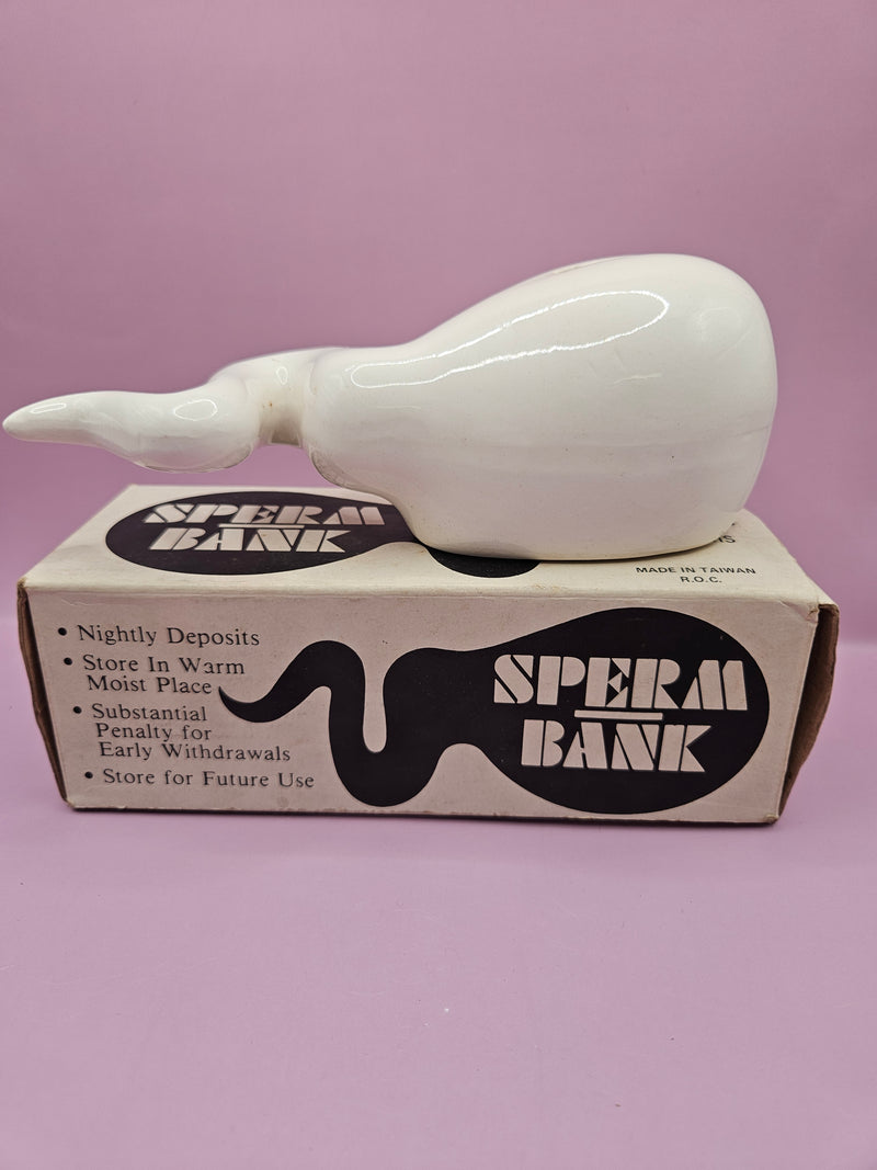 1979 vintage ceramic sperm bank novelty gag gift, measuring 7.5 inches by 3 inches, in original packaging