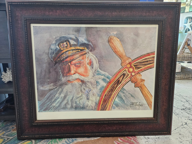 36.5"x30.5" Framed Nautical Captain Art by Bill Christian, vintage maritime wall décor, sea captain steering ship, nautical framed art