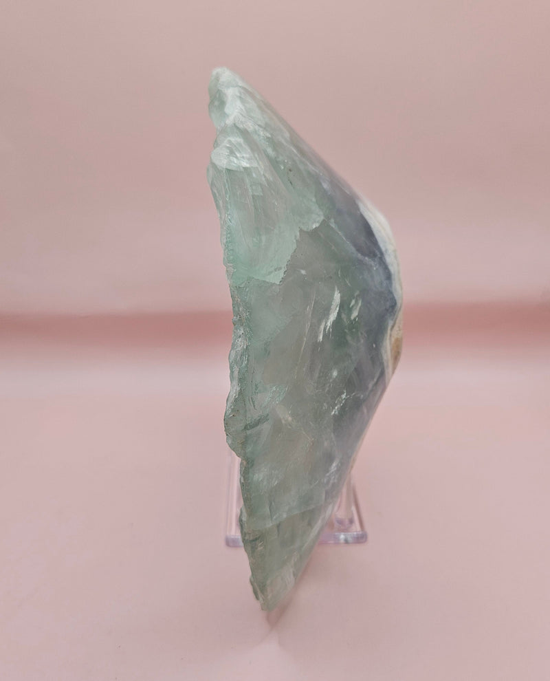 Polished fluorite crystal bowl with green banding, measuring 8.5 inches wide.