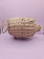 Wicker rattan hanging pig decor, 8.5 inches by 4.5 inches, perfect for rustic or boho-style home decor