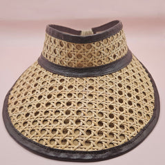  woven rattan visors with faux leather trim in black, red, green, and brown
