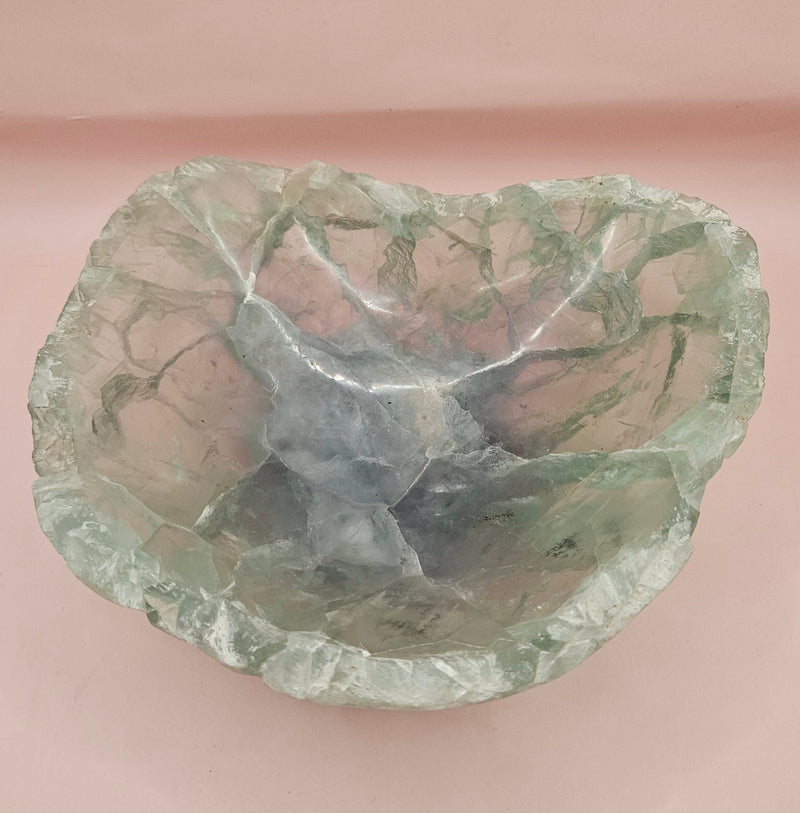 Polished fluorite crystal bowl with green banding, measuring 8.5 inches wide.