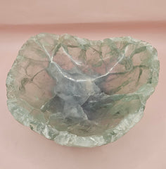 Polished fluorite crystal bowl with green banding, measuring 8.5 inches wide.