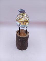  Hand-painted yellow and purple songbird figurine on wood base – 5.5 to 6 inches