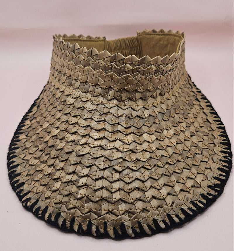 woven palm leaf visors with colorful edge stitching in black, pink, yellow, and light pink