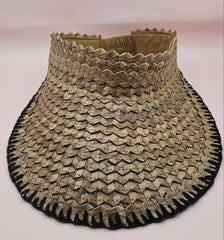 woven palm leaf visors with colorful edge stitching in black, pink, yellow, and light pink