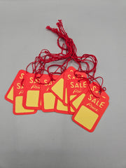 A pack of 12 vintage red and yellow sale price tags measuring 1 7/8