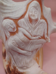 Hand Carved Yellow Helmet Shell with Religious Scene – 7.8 Inches