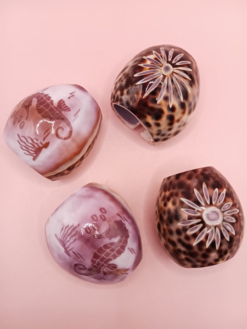 Vintage Cowrie Shell Napkin Holders – Floral & Seahorse Etched Designs Coastal Dining Set