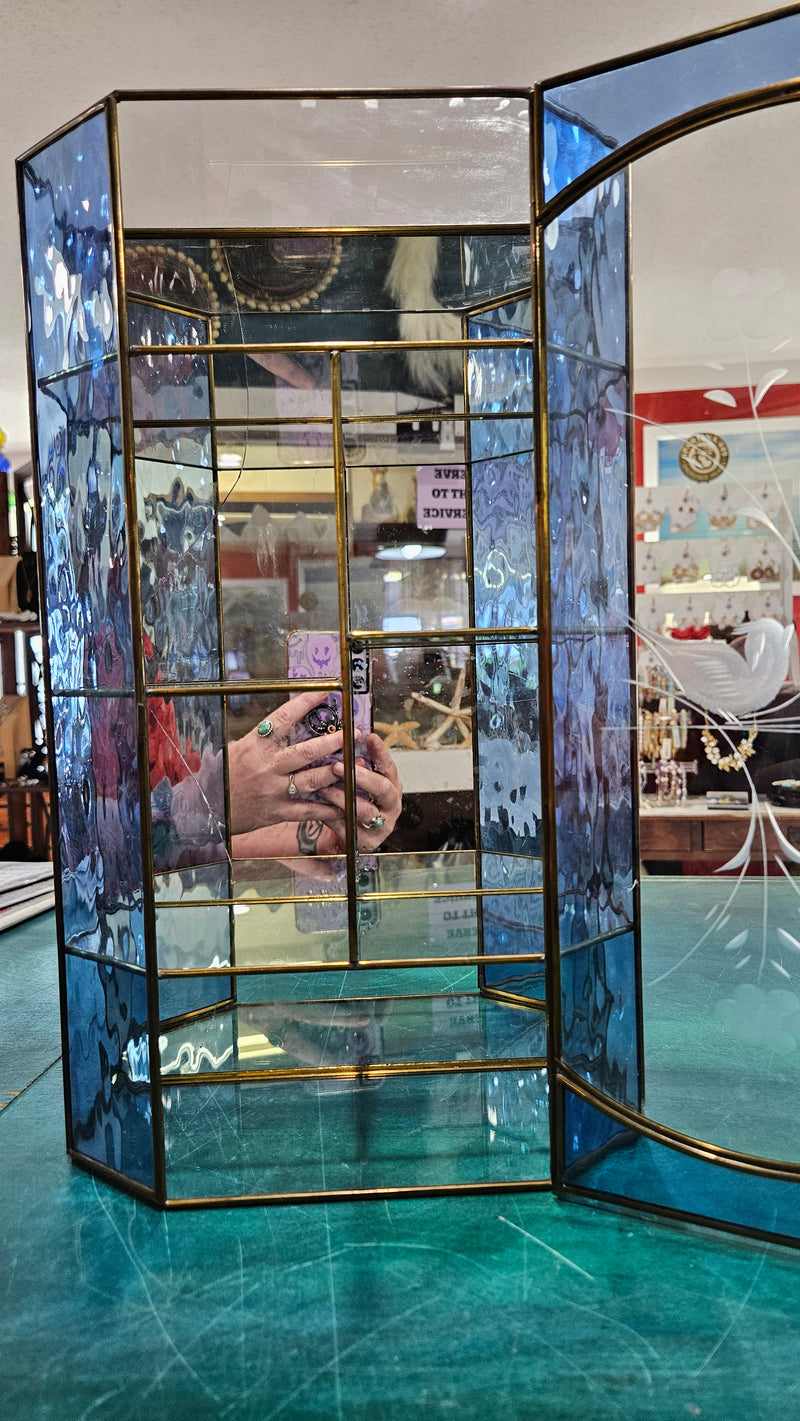 vintage stained glass curio cabinet with blue ripple glass sides and etched glass door