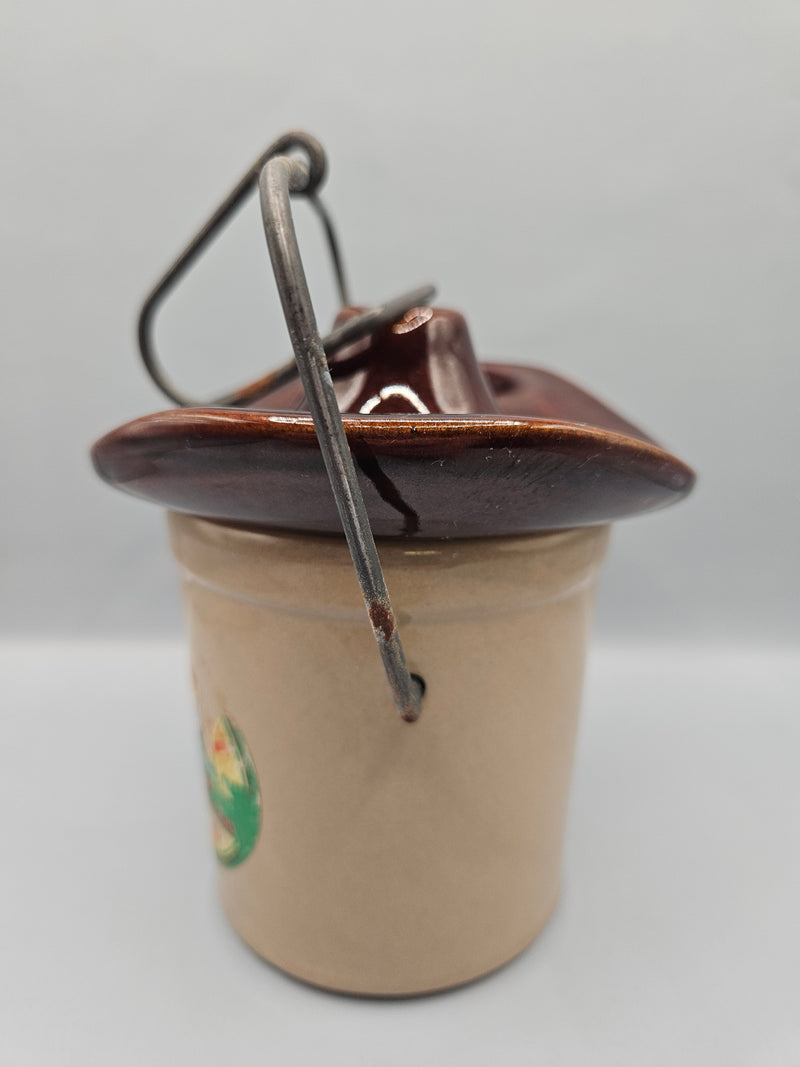 Vintage 6"x4.5" Stoneware Crock with Jalapeño Pepper Cold Pack Cheese Food Label, wire handle, brown glazed lid