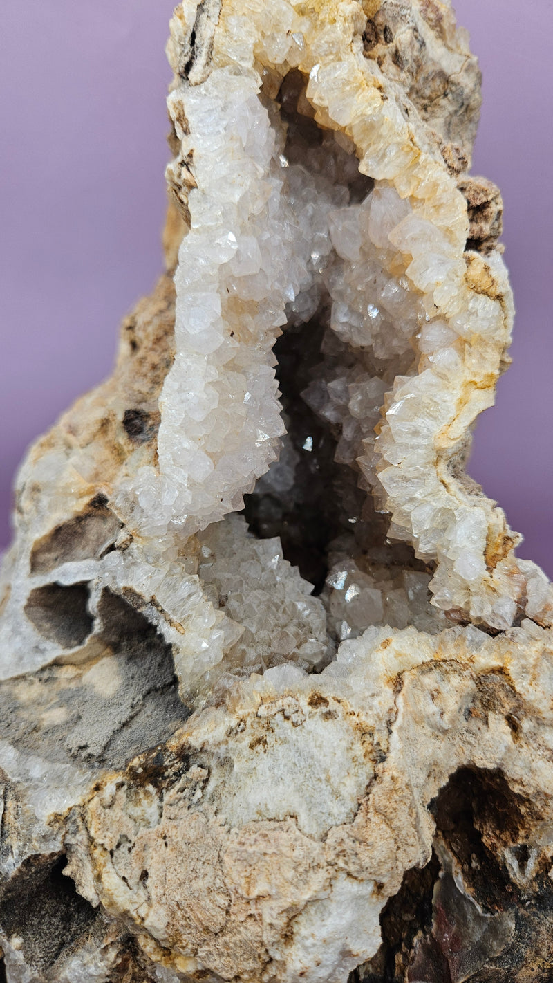 Teak mounted quartz geode with shimmering crystals on a polished wood base, 12x6.25 inches, perfect for home decor