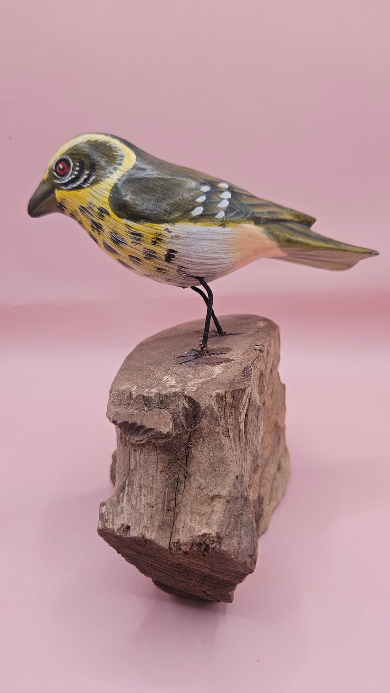 Handmade green songbird figurine with yellow and brown details, perched on a natural wood stump, 5x4 inches.